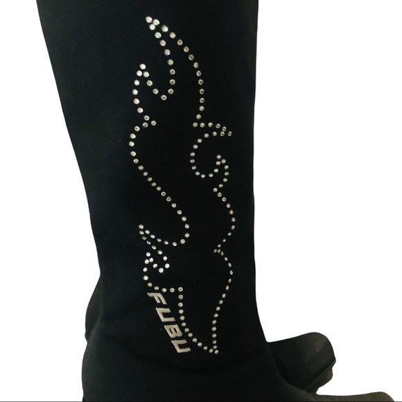 RARE VTG FUBU High Heeled Boots Black Flame Rhinestones Exotic Women’s Size 9 - Picture 2 of 6